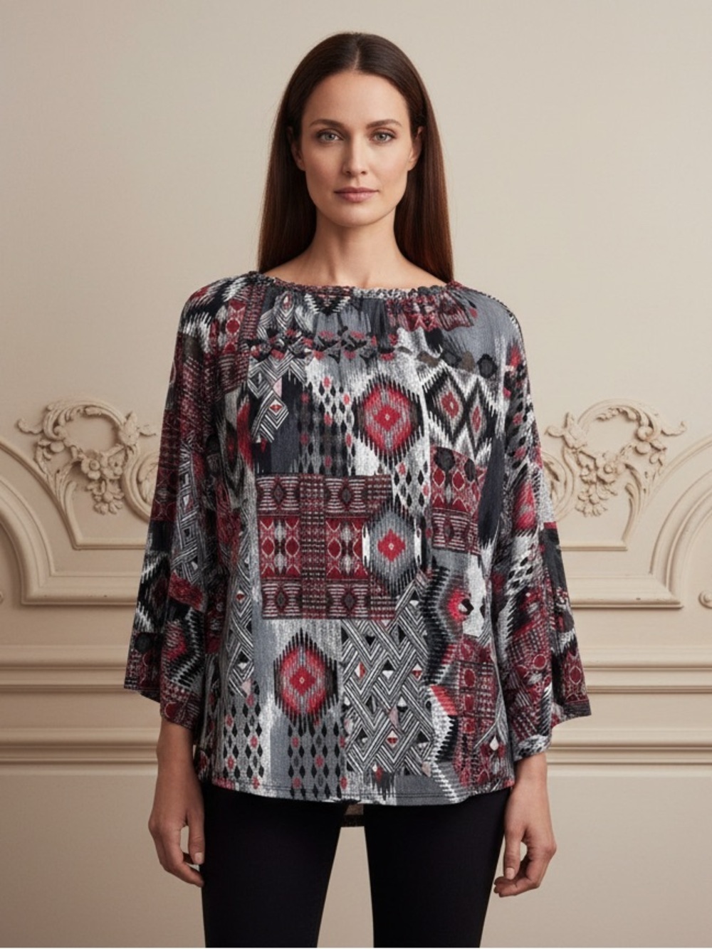 Dear Scarlett Chic Geometric Tribal Patchwork Print Blouse in Red & Gray